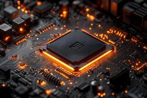 Futuristic Circuit Board with Glowing CPU on Electronic Chipset for Technology Design photo