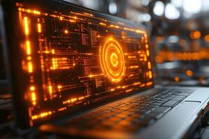 Futuristic Digital Interface Displayed on Laptop for Cybersecurity Concepts photo