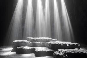 Mystical Light Beams on Stone Platform in Shadowy Cavern Setting photo
