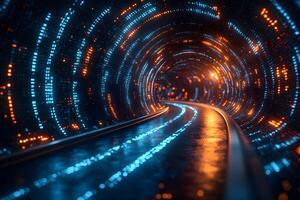 Futuristic Tech Tunnel with Glowing Lights for Digital Innovation and Connectivity photo
