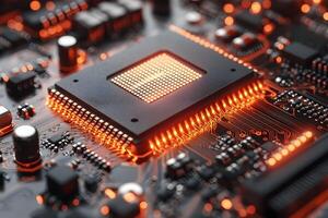 Futuristic Circuit Board with Glowing Microchip for Technology and Innovation Design photo