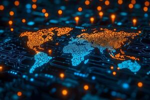 Global Digital Connectivity Illuminated World Map for Technology and Network Themes photo