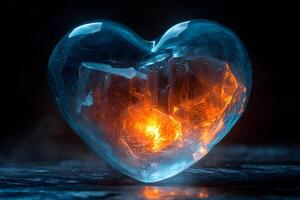 Glowing Heart-Shaped Ice Sculpture with Fiery Core in Dark Ambiance photo