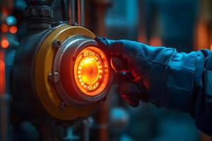Industrial Machinery Control with Gloved Hand Adjusting Dial Illuminated in Vibrant Red Light photo