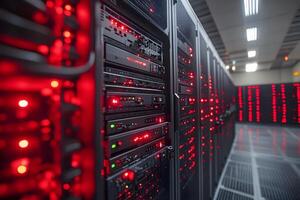 Advanced Data Center Server Racks with Illuminated Red Indicator Lights for High-Tech Operations photo