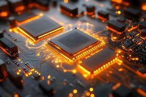 Futuristic Technology Circuit Board with Glowing Microchips for Innovation Design photo