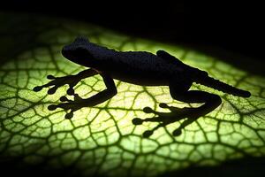 Silhouette of a Tree Frog on a Leaf with Intricate Veins and Backlighting photo