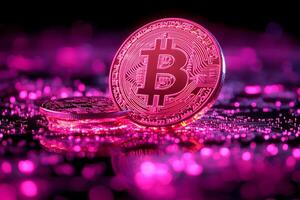 Glow of Cryptocurrency Stylish Bitcoin Coins with Pink Neon Sparkles photo