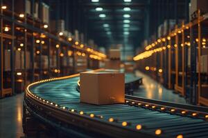 Efficient Warehouse Automation with Conveyor System and Cardboard Box photo