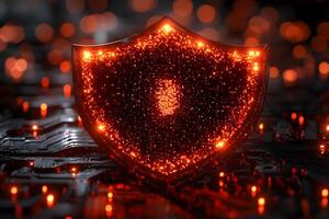 Cybersecurity Shield with Digital Circuitry and Glowing Lights for Computer Network Protection photo