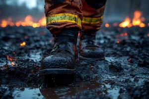 Firefighter Navigating Charred Terrain in Safety Gear for Emergency Response photo