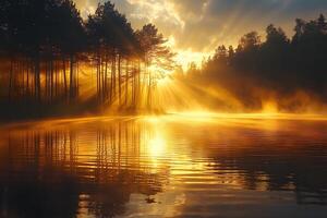 Golden Sunrise Over Misty Lake with Pine Trees Nature's Tranquil Beauty photo
