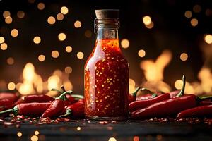 Spicy Chili Sauce in Glass Bottle Surrounded by Fresh Red Peppers with Fiery Background photo