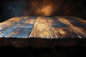 Rustic Wooden Table Surface with Warm Ambient Lighting for Vintage Product Display photo