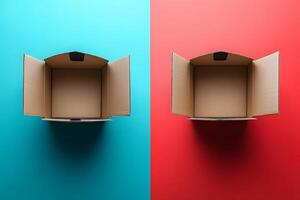 Minimalistic Open Cardboard Boxes on Bright Blue and Red Background for Modern Design photo