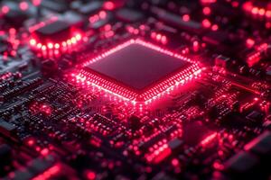 Futuristic Red Glowing Circuit Board with Central Microchip for Technology Design photo
