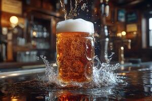 Refreshing Splash of Draught Beer in Rustic Pub Setting for Beverage Promotion photo