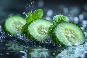 Fresh Cucumber Slices with Mint Leaves Splashing in Water photo