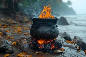 Mystical Outdoor Cooking Scene by the Seaside Autumn Vibes and Nature Ritual photo