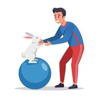 Man Interacting with Rabbit Sitting on a Large Blue Ball vector