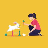Rabbit Jumping Hurdle with Woman Offering Carrot in Flat Design vector