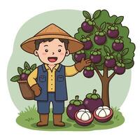 Harvesting Mangosteen Man in Cartoon Style with Tree and Fruit vector