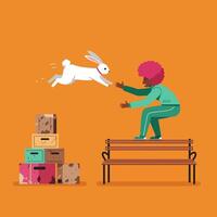 Rabbit Jumping Towards Woman on Bench with Stacked Boxes vector