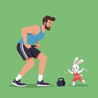 Man Exercising with Exercise Bar and Bunny Running Beside Him vector