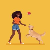 Woman Playing Fetch with Dog and Red Ball in Cartoon Style vector
