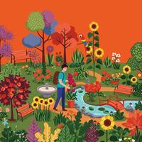 Walking Through Colorful Garden with Flowers, Stream, Trees, and Bird vector