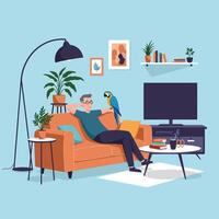 Man Relaxing on Couch with Parrot in Living Room Illustration vector