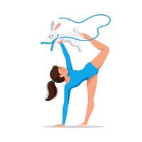 Gymnast Balancing with Rabbit and Ribbon Performing Artistic Gymnastics vector