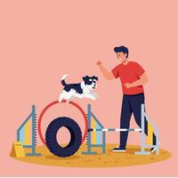 Dog Jumping Through Agility Course with Owner Cheering Happy Training vector