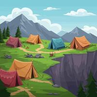 Colorful Camping Tents on Green Meadow with Mountain View Scenery vector