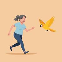 Person Running Towards Flying Parrot in an Animated Style Image vector