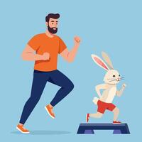 Man Running with Rabbit Doing Step Aerobics Exercise Workout vector