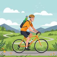 Man Biking with Parrot in Nature Sunny Day Adventure vector