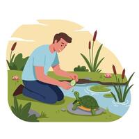 Man Feeding Turtle Slice of Cucumber Beside a Small Pond vector