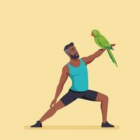 Man Doing Yoga Pose with Parrot Perched on His Arm vector
