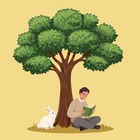 Man Reading Book Under Tree with Rabbit in Peaceful Illustration vector