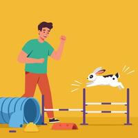 Man Training Rabbit Performing a Jump at Animal Agility Course vector