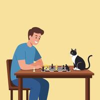Man Playing Chess with Cat Watching Intently on Table Indoors vector