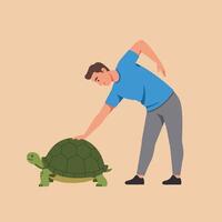 Man Touching Turtle Shell Caring for Pet in Simple Illustration vector