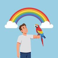 Man with Parrot Under Rainbow Joyful and Cartoon vector