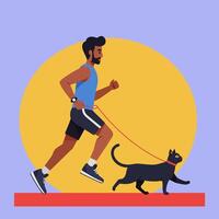 Man Running with Cat on Leash Simple Lifestyle Flat Illustration vector