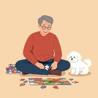 Man Doing Jigsaw Puzzle with Dog Sitting Beside Him Indoors vector