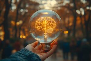 Illuminated Brain Inside Light Bulb in Autumn Forest Setting - Conceptual Inspiration photo