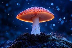 Magical Night Scene Featuring Illuminated Fly Agaric Mushroom in Enchanted Forest photo