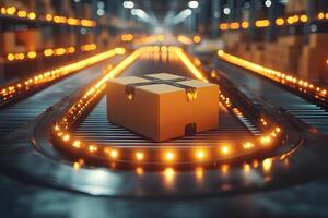 High-Tech Automated Conveyor Belt System in Modern Warehouse for Efficient Package Sorting photo