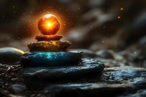 Mystical Orb on Stacked Stones in Nature - Tranquility and Zen Concept for Meditation and Mindfulness photo